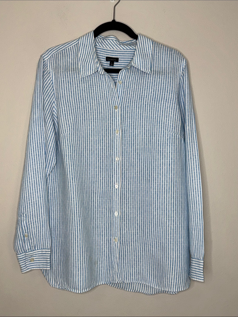 Talbots Linen Blue/White Striped Ling Sleeve Button Down Classic Blouse L